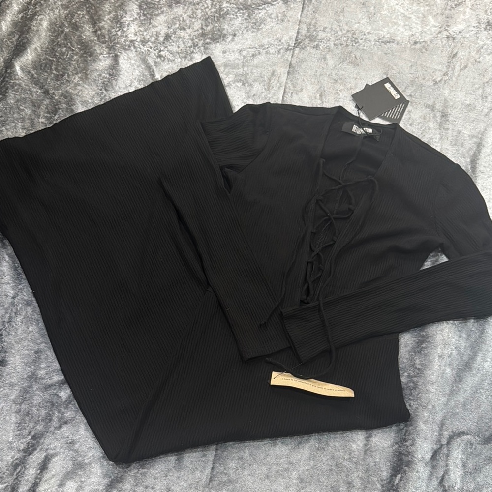 Reformation Black Lace-Up Long Sleeve Dress